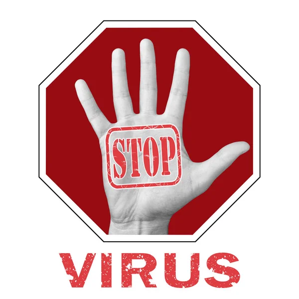 Stoppa virus konceptuell illustration. Öppna handen med text stop virus — Stockfoto