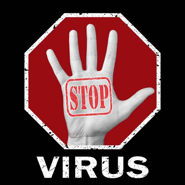 Offene Hand mit dem Text-Stop-Virus. Globales soziales Problem — Stockfoto