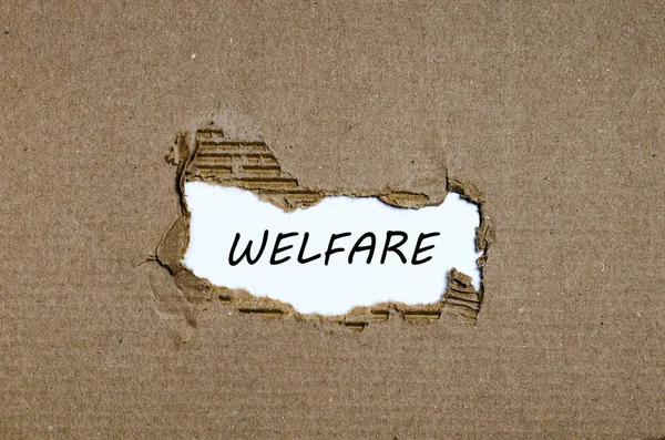 La parola welfare appare dietro la carta strappata — Foto Stock