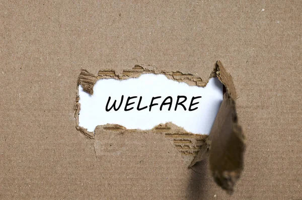 La parola welfare appare dietro la carta strappata — Foto Stock