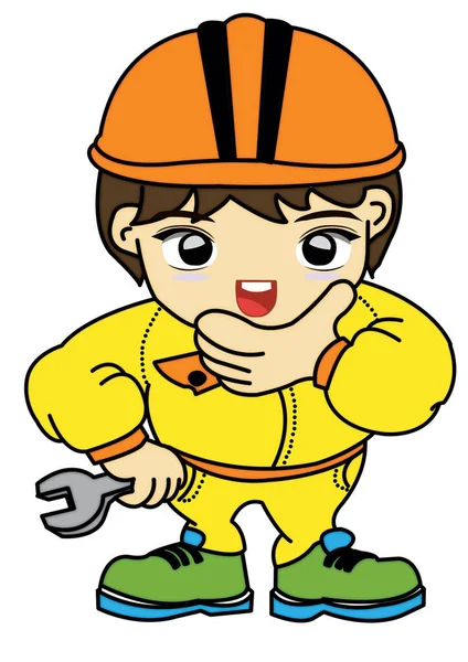 The character cartoon boy of engineer professional career trying to fix something and carry the tool in hand. Safety helmet protection and safety uniform wearing. safety first in workplace concept.