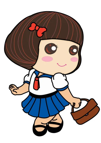 The cartoon character of girl student wears the cute uniform ready to back to school day. Attention to class good student carry brown bag in her hands, for back to school concept. feeling lovely.