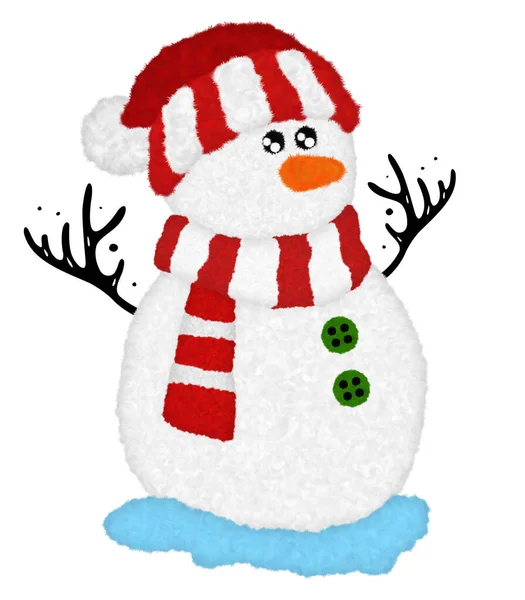 赤いクリスマスの帽子と白で隔離された白いスカーフで毛皮の羽の創造的な装飾と3Dスノーマン漫画のキャラクターデザインは クリッピングパスを持っています クリスマス休暇のためのデザイン要素 — ストック写真