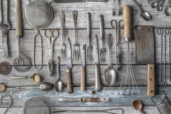 Utensilios Cocina Vintage Sobre Fondo Tenedor Kifes Cucharas —  Fotos de Stock