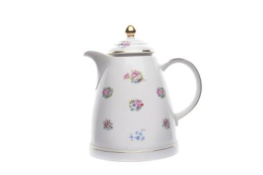 Porselen çay sürahisi ile üzerine beyaz izole süsleme