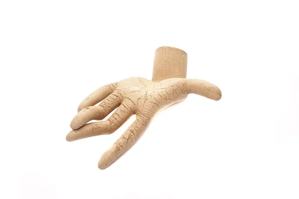 Cracked hand of dummy isolated on white background — Stock Photo, Image