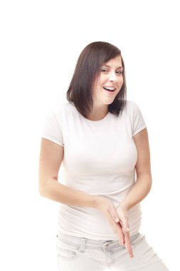 Beyaz arka plan üzerinde sinsi, gülümseyen kadın alkışlar eller