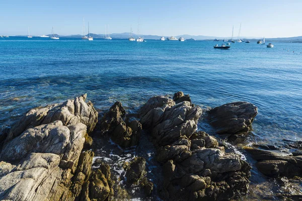 Luxury Yachts Sailboats Moored Rocky Coast Emerald Coast Sardinia Ital — Stock Photo, Image