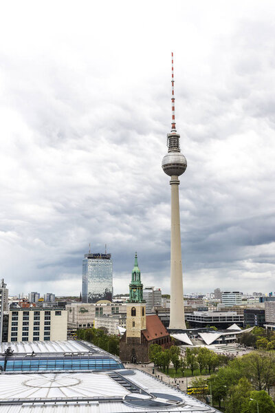 Berlin, Germany - April 13, 2017: Overview of Berlin with its telecommunications tower and St Mary church (Marienkirche) in Berlin, Germany