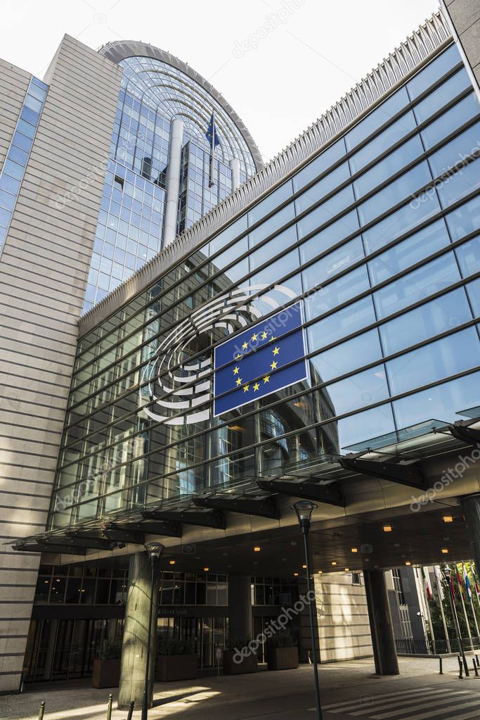 Brussels, Belgium - August 28, 2017: Facade of the modern office buildings of the European Parliament in Brussels, Belgium