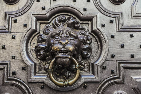 Wooden door with a doorknob with a lion's head — Stock Photo, Image