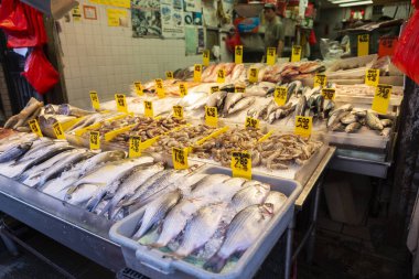 Fish and seafood shop in Chinatown, New York City, USA