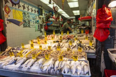 Fish and seafood shop in Chinatown, New York City, USA