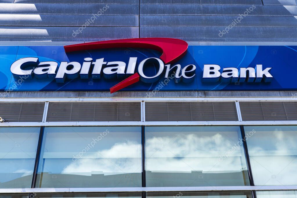 New York City, USA - August 4, 2018: Facade of a branch office of Capital One Bank in Harlem, Manhattan, New York City, USA
