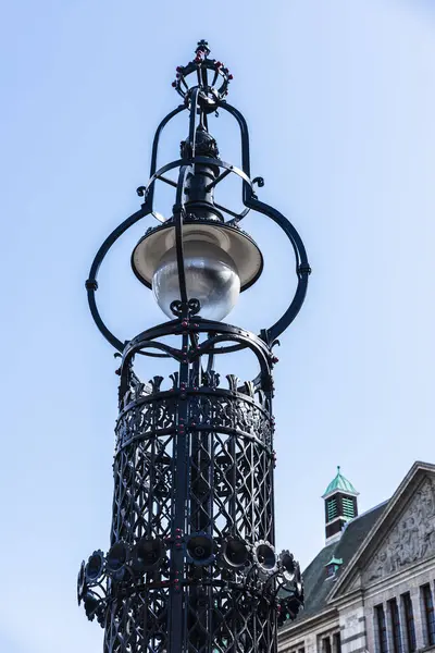 Ancien Lampadaire Fer Forgé Dans Centre Amsterdam Pays Bas — Photo