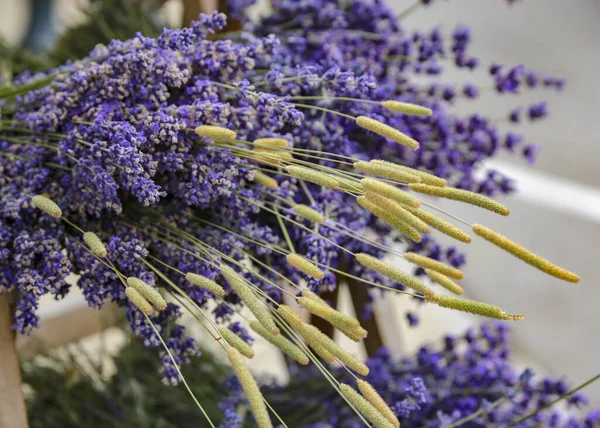 Bir demet taze ve kurutulmuş lavanta yanında da kremalı kök çiçekleri var.