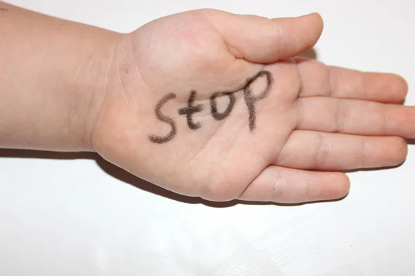 Stop Babys Hand Stop Written Childs Hand Stop Abuse Royalty Free Stock Images