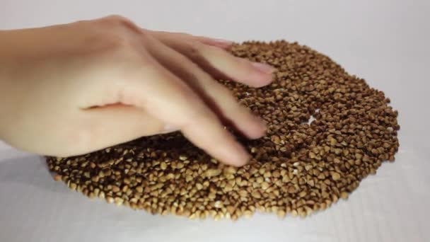 一个男人慢动作地展示和检查荞麦的品质 烤荞麦在白盘上 手搅拌着沟槽 — 图库视频影像
