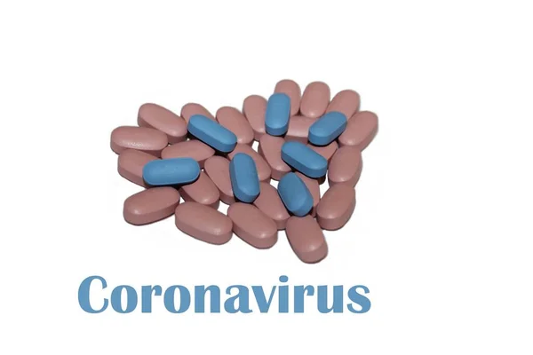 Επιγραφή Του Coronavirus Στο Πλαίσιο Των Χαπιών Θεραπεία Κορονοϊό Πνευμονία — Φωτογραφία Αρχείου