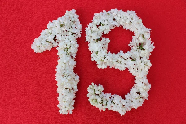 Numret Skrivet Vita Lila Blommor Röd Bakgrund Numret Nitton Skrivet — Stockfoto