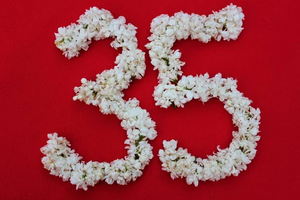 Liczba Jest Napisana Białymi Liliowymi Kwiatami Czerwonym Tle Liczba Trzydzieści — Zdjęcie stockowe