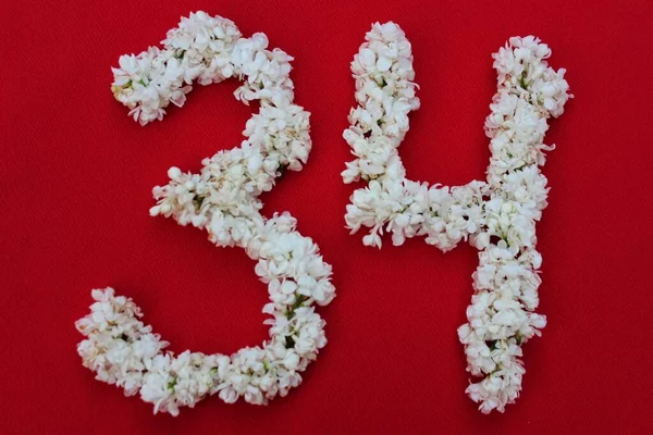 Liczba Jest Napisana Białymi Liliowymi Kwiatami Czerwonym Tle Numer Trzydzieści — Zdjęcie stockowe