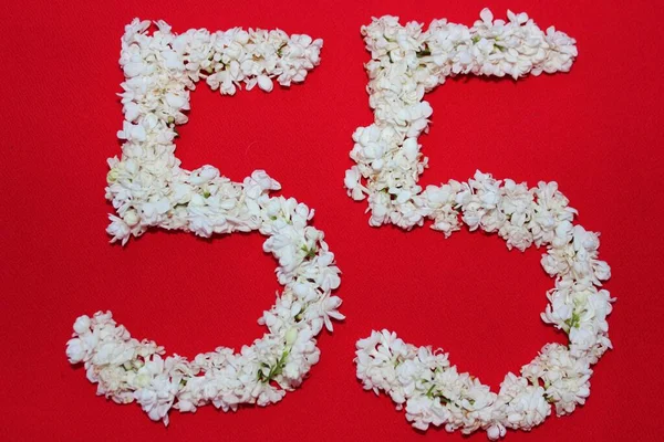Liczba Jest Napisana Białymi Liliowymi Kwiatami Czerwonym Tle Numer Pięćdziesiąt — Zdjęcie stockowe