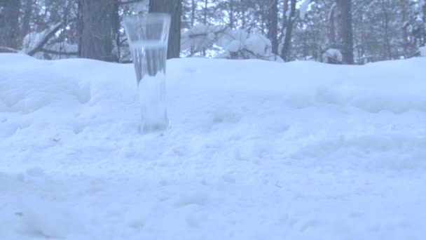 Glas med vatten faller och stänk på snö — Stockvideo