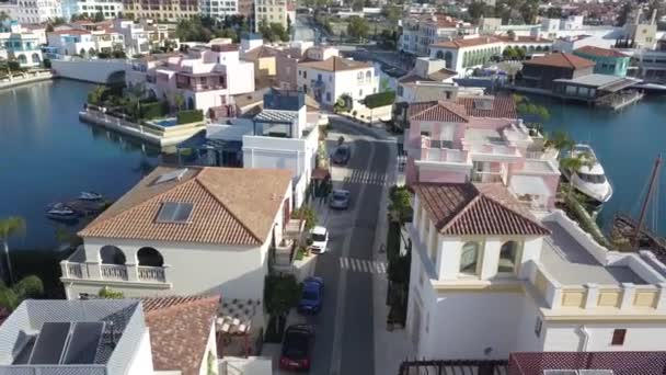 LIMASSOL, CYPRUS - May 4, 2019: Take off from the street limassol marina and view of the yachts — Wideo stockowe