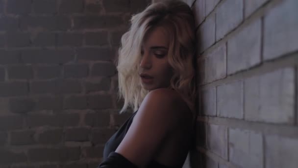 Сексуальная блондинка возле кирпичной стены, кадры АРТ — стоковое видео