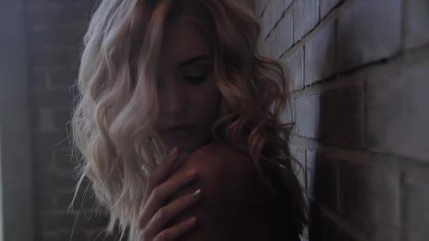 Сексуальна блондинка біля цегляної стіни, кадри АРТ — стокове відео