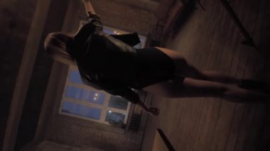 Siyah iç çamaşırlı, genç, güzel bir sarışın.