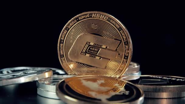 Gold Dash mynt på svart bakgrund. Silver Crypto mynt på spinning monter. — Stockvideo