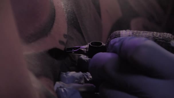 Мастер татуировок в синих перчатках делает татуировку, макроснимок, медленное движение — стоковое видео