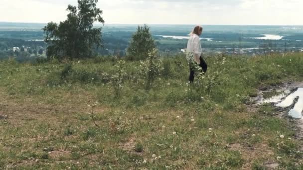 Stijlvolle hipster vrouw wandelen in gras in de zomer — Stockvideo