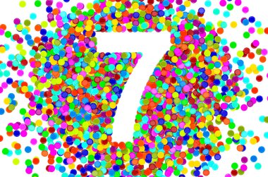 Renkli konfetiden 7 numara. Beyaz arkaplanda 3B görüntüleme izole edildi 