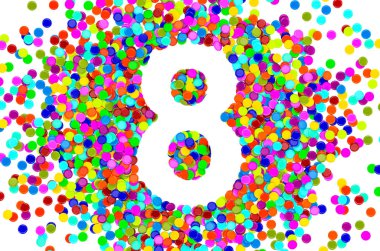 Renkli konfetiden 8 numara. Beyaz arkaplanda 3B görüntüleme izole edildi 