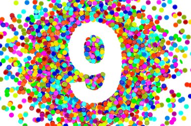 Renkli konfetiden 9 numara. Beyaz arkaplanda 3B görüntüleme izole edildi 