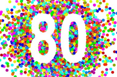 Renkli konfetiden 80. Beyaz arkaplanda 3B görüntüleme izole edildi 