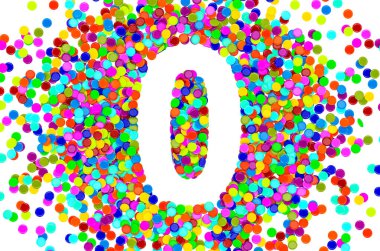 Renkli konfetiden 0 numara. Beyaz arkaplanda 3B görüntüleme izole edildi