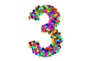 Konfetiden 3 numara. Beyaz arkaplanda 3B görüntüleme izole edildi 