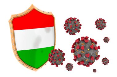 Macaristan 'ın koronavirüsten korunması. Beyaz arkaplanda 3B görüntüleme izole edildi