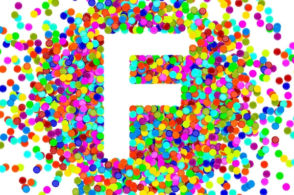 Confetti font, letter F from colored confetti. 3D rendering isolated on white background