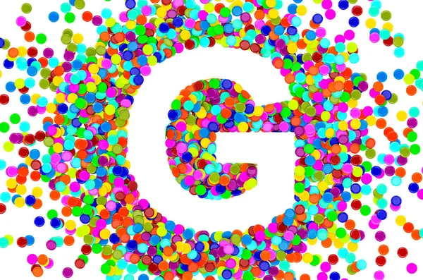 Confetti font, letter G from colored confetti. 3D rendering isolated on white background