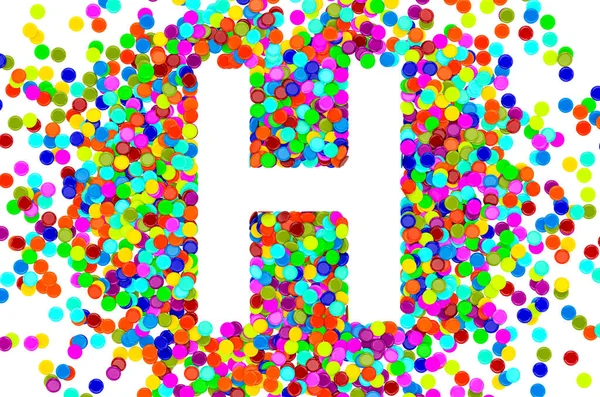 Confetti font, letter H from colored confetti. 3D rendering isolated on white background