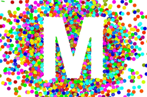 Confetti font, letter M from colored confetti. 3D rendering isolated on white background