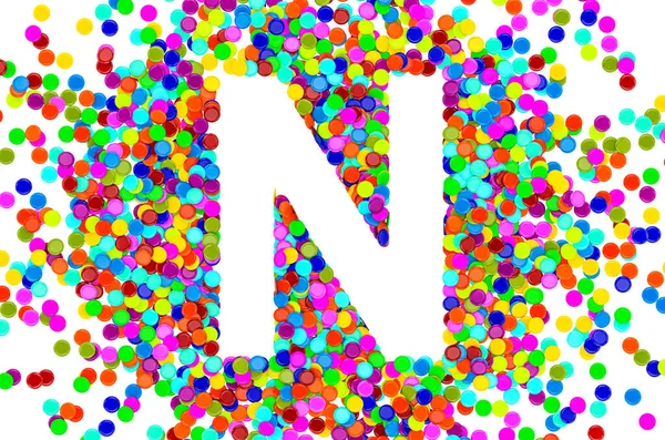 Confetti font, letter N from colored confetti. 3D rendering isolated on white background