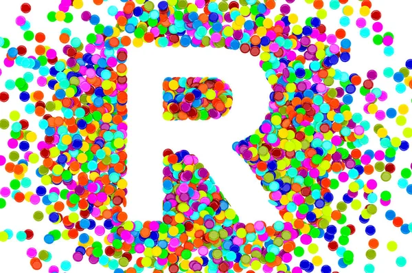 Confetti font, letter R from colored confetti. 3D rendering isolated on white background