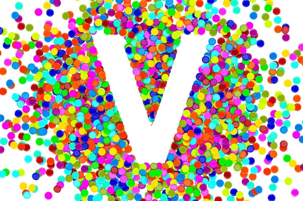 Confetti font, letter V from colored confetti. 3D rendering isolated on white background