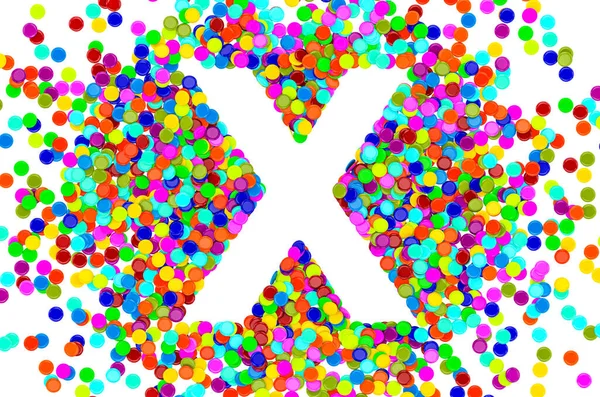 Confetti font, letter X from colored confetti. 3D rendering isolated on white background